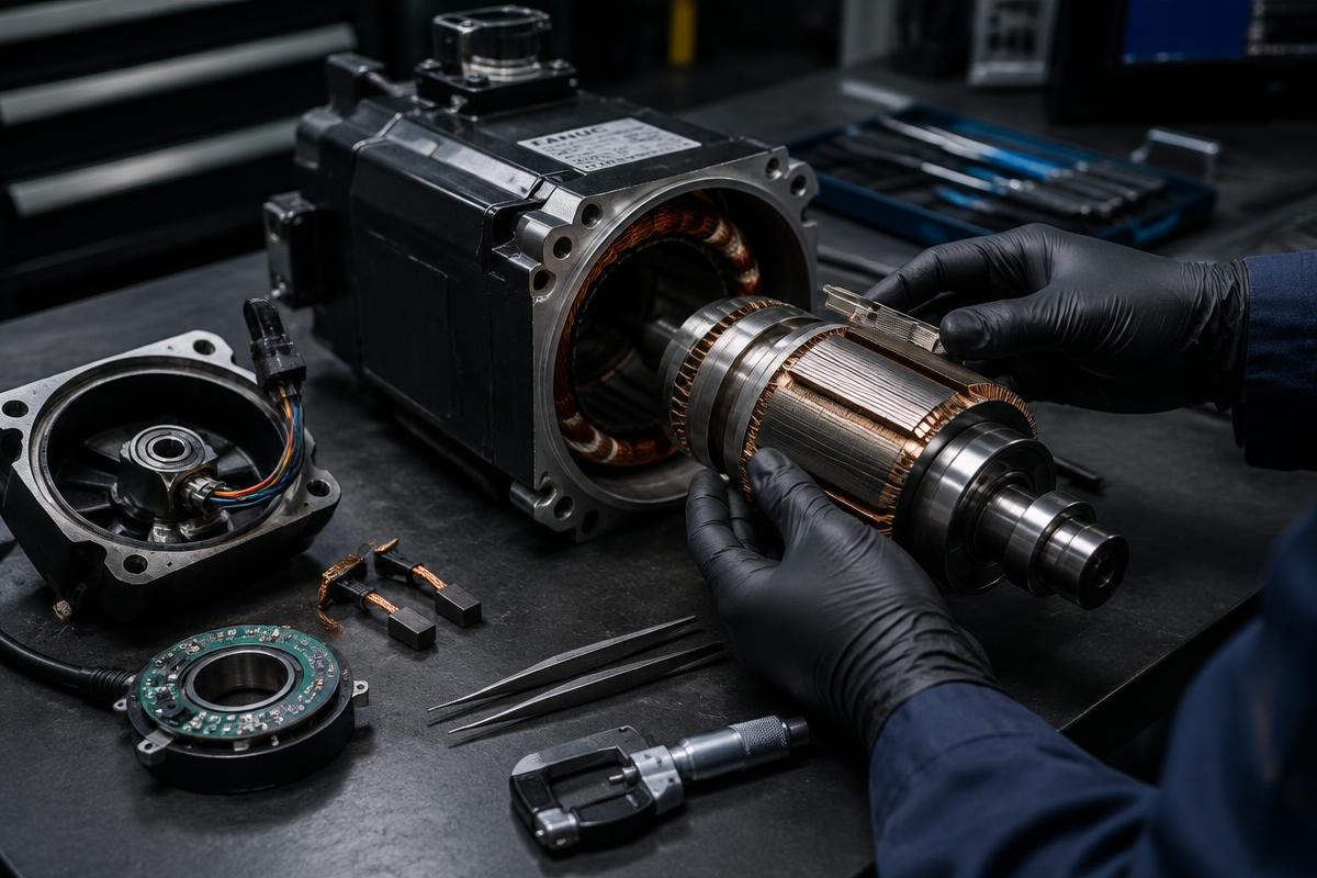 Servomotor industrial desarmado para reparación